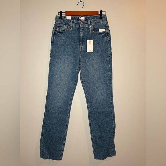 Good American Good Classic Raw Hem High Rise Jeans Blue940 - Picture 8 of 10